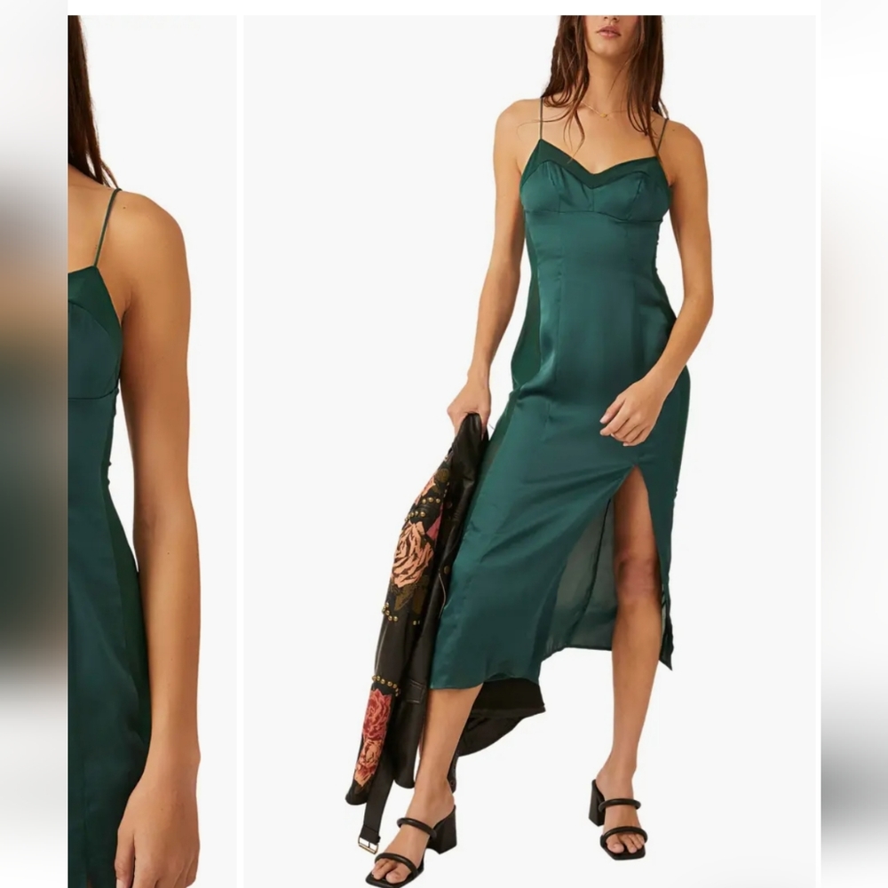 Free People City Cool Satin Slipdress -Forest GREEN
